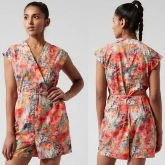 Athleta Marlow Renewed Blooms Pink/Orange Multi V-Neck Athleisure Romper Size M - Picture 1 of 9